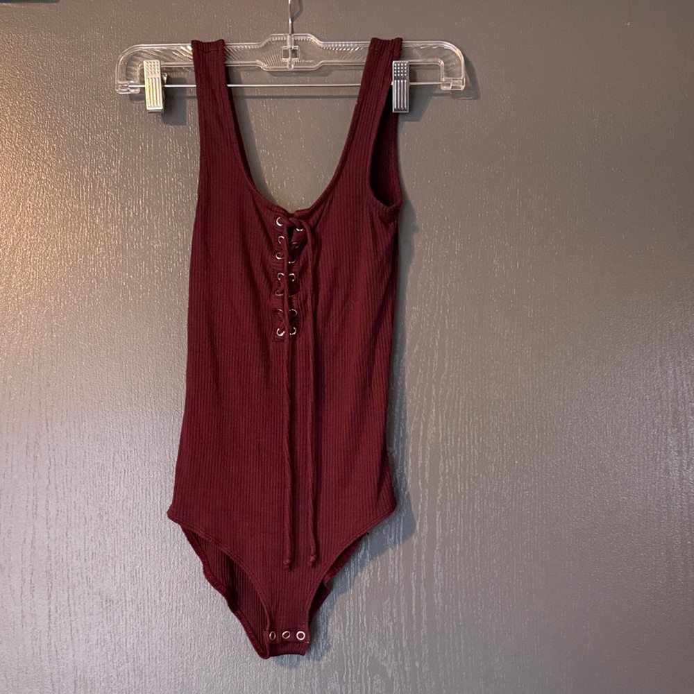 American Eagle Outfitters Maroon Lace-Up Womens Bodysuit